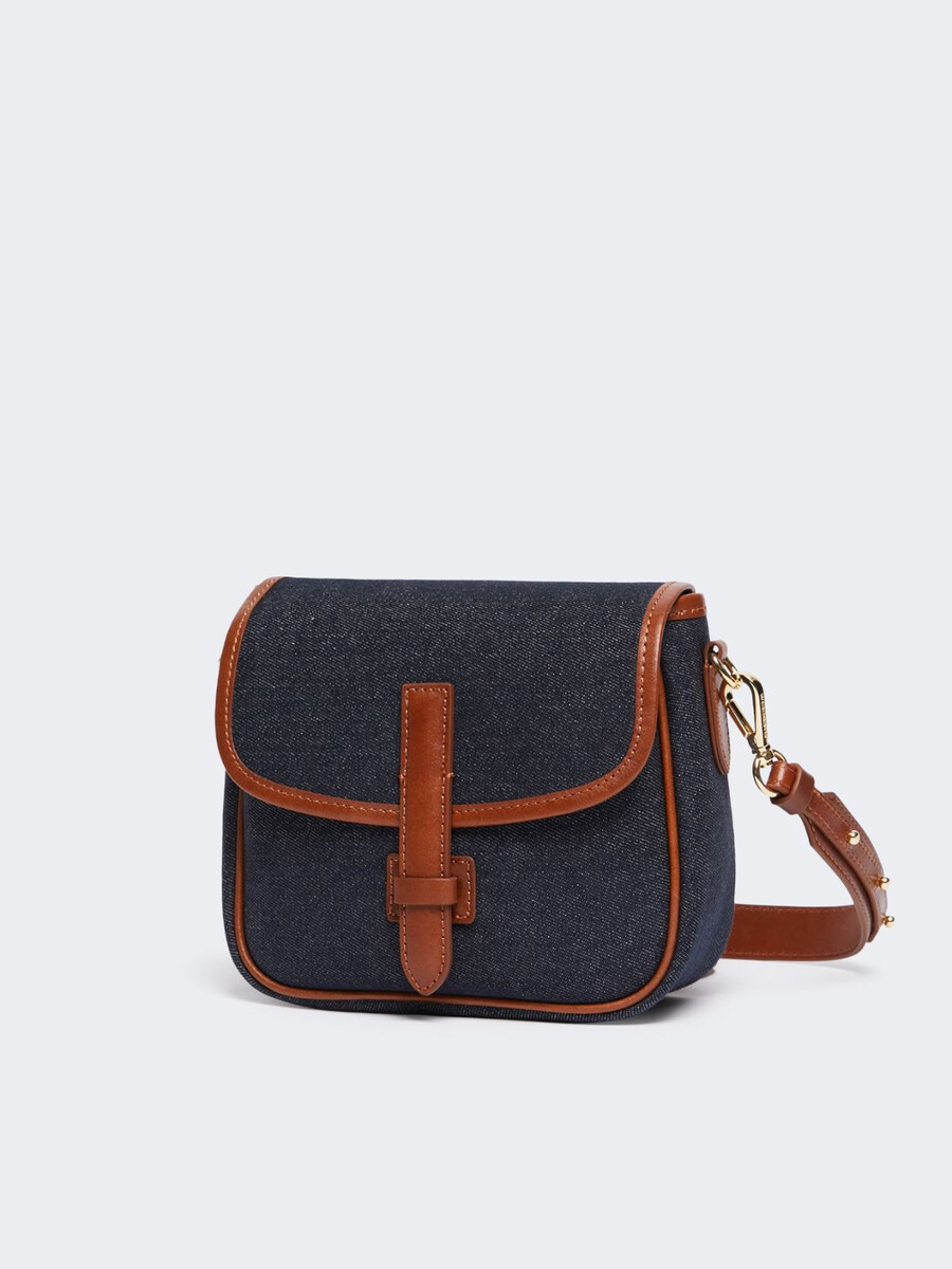 bolso bandolera de piel y denim - azul china