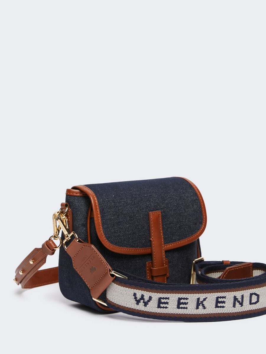 bolso bandolera de piel y denim - azul china