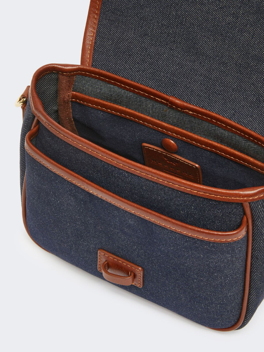 bolso bandolera de piel y denim - azul china