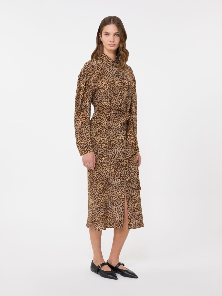 vestido camisero de crepé de china de seda estampado - camel