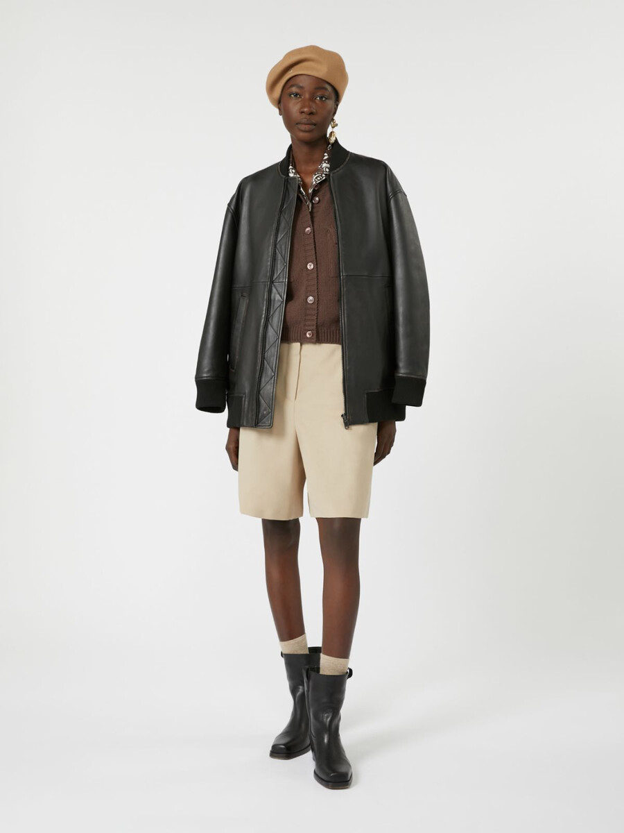 chaqueta bomber larga de piel napa - negra