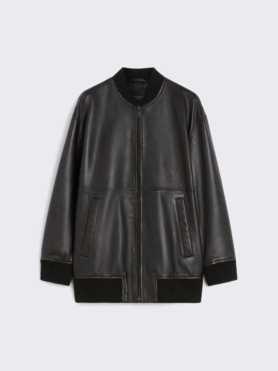chaqueta bomber larga de piel napa - negra