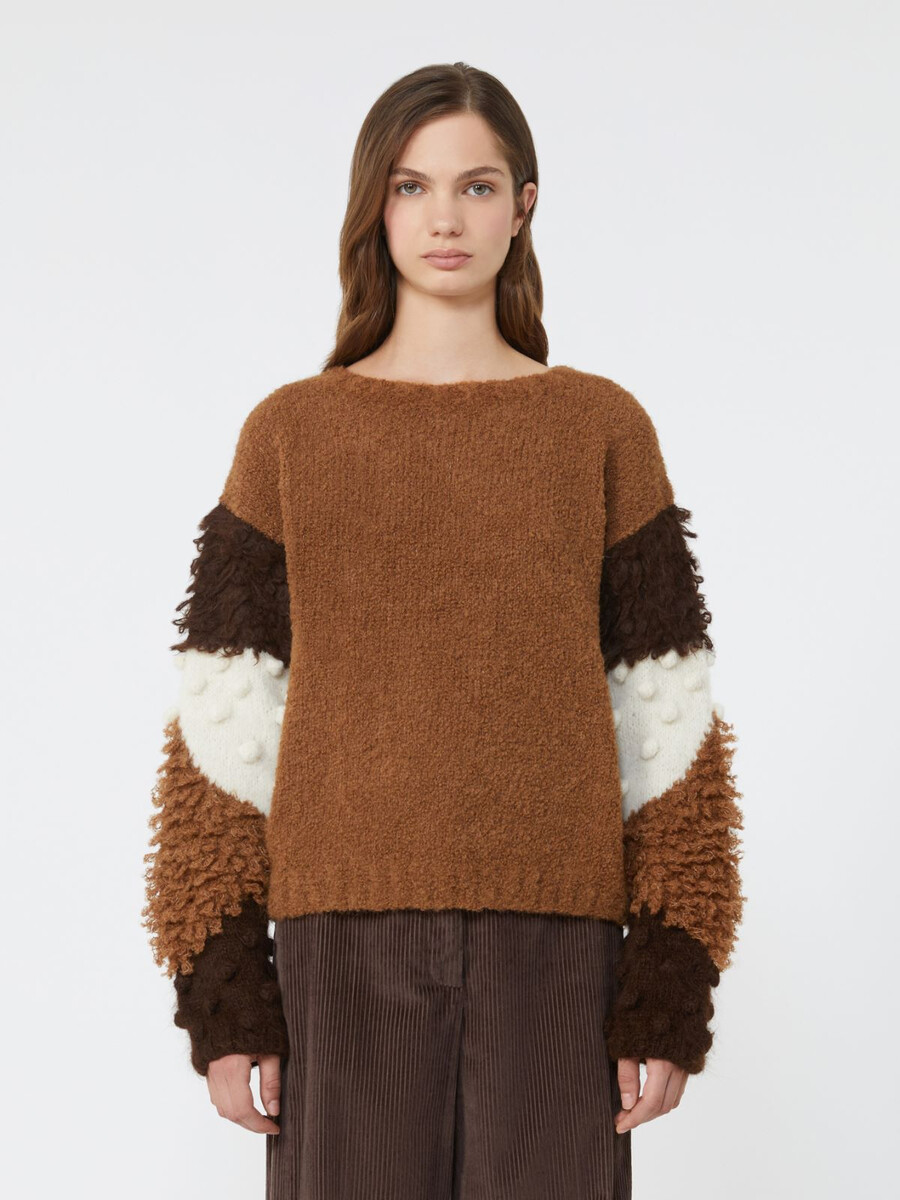 jersey de cuello redondo de alpaca bouclé - tabaco