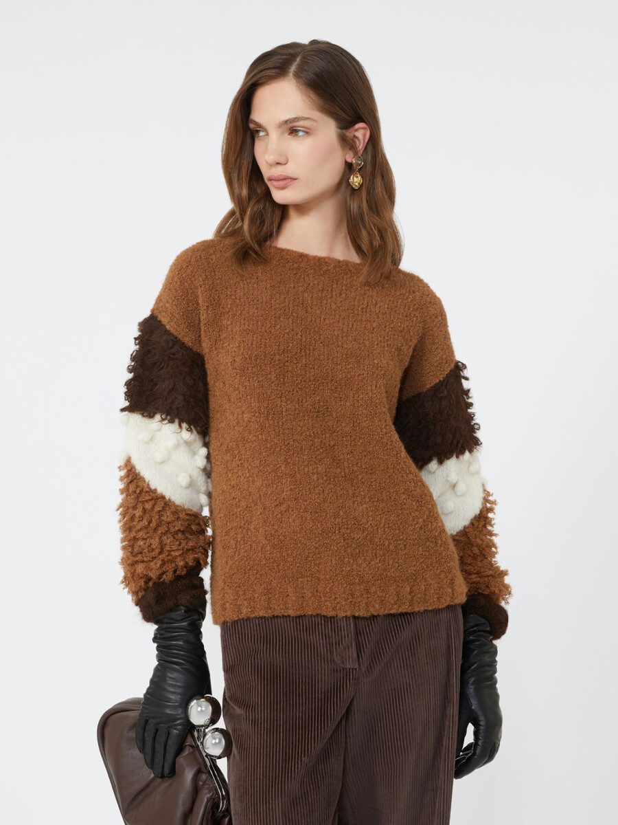 jersey de cuello redondo de alpaca bouclé - tabaco