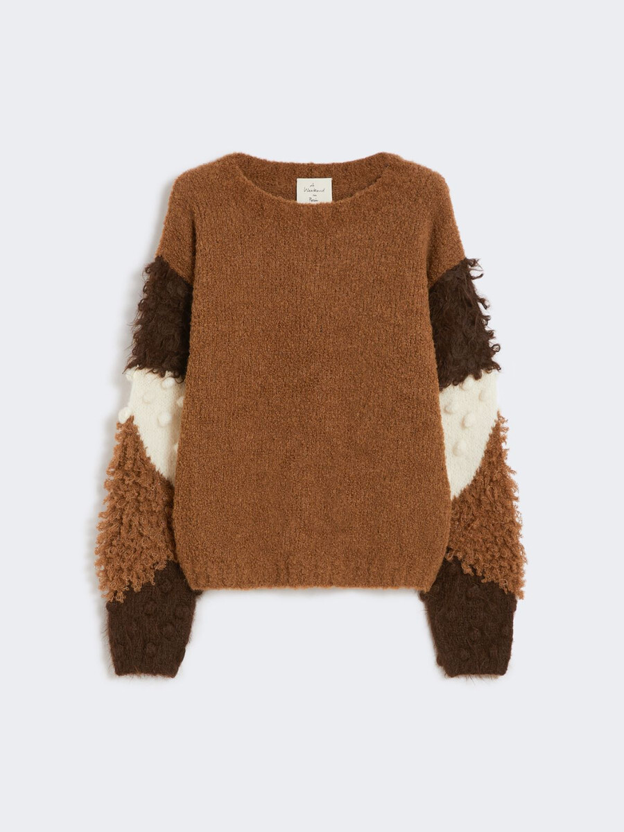 jersey de cuello redondo de alpaca bouclé - tabaco