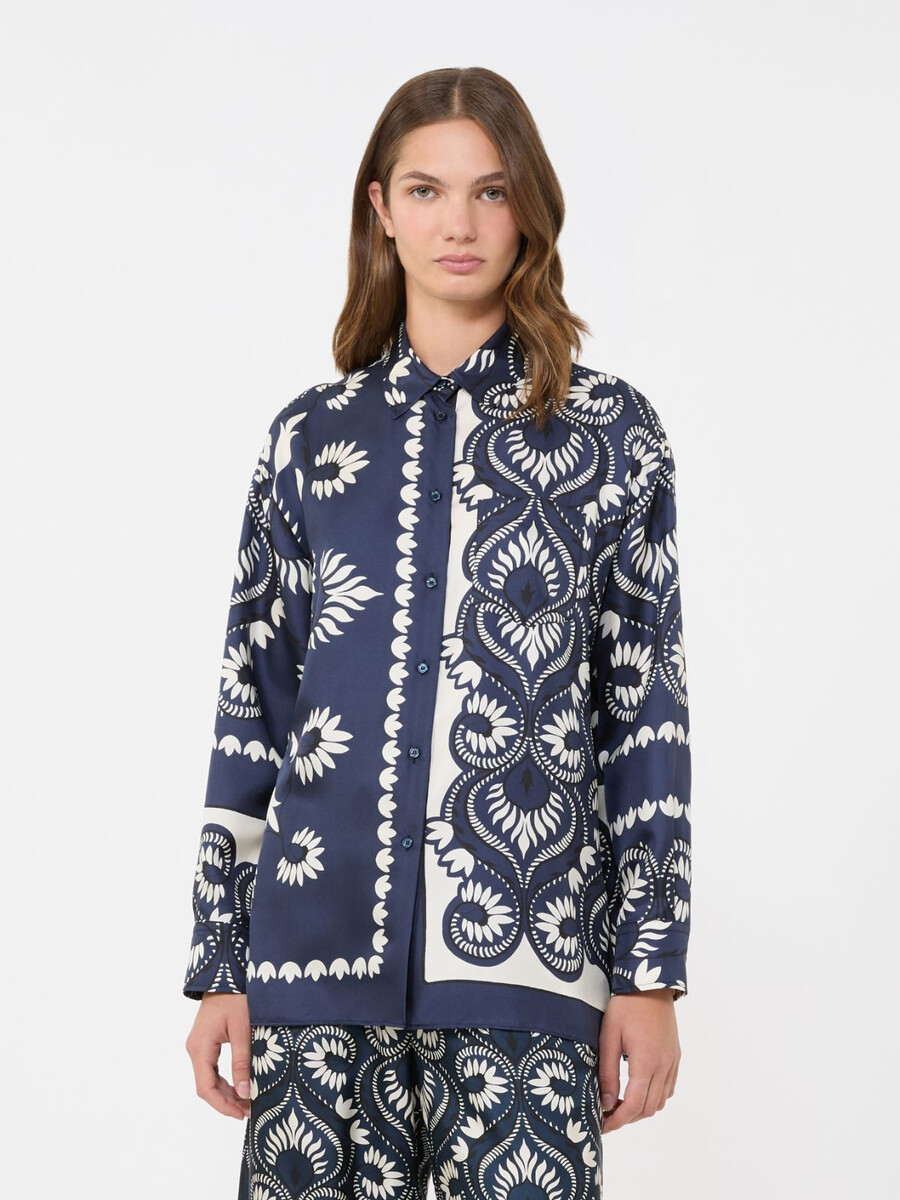 camisa de patchwork de seda estampada - azul marino