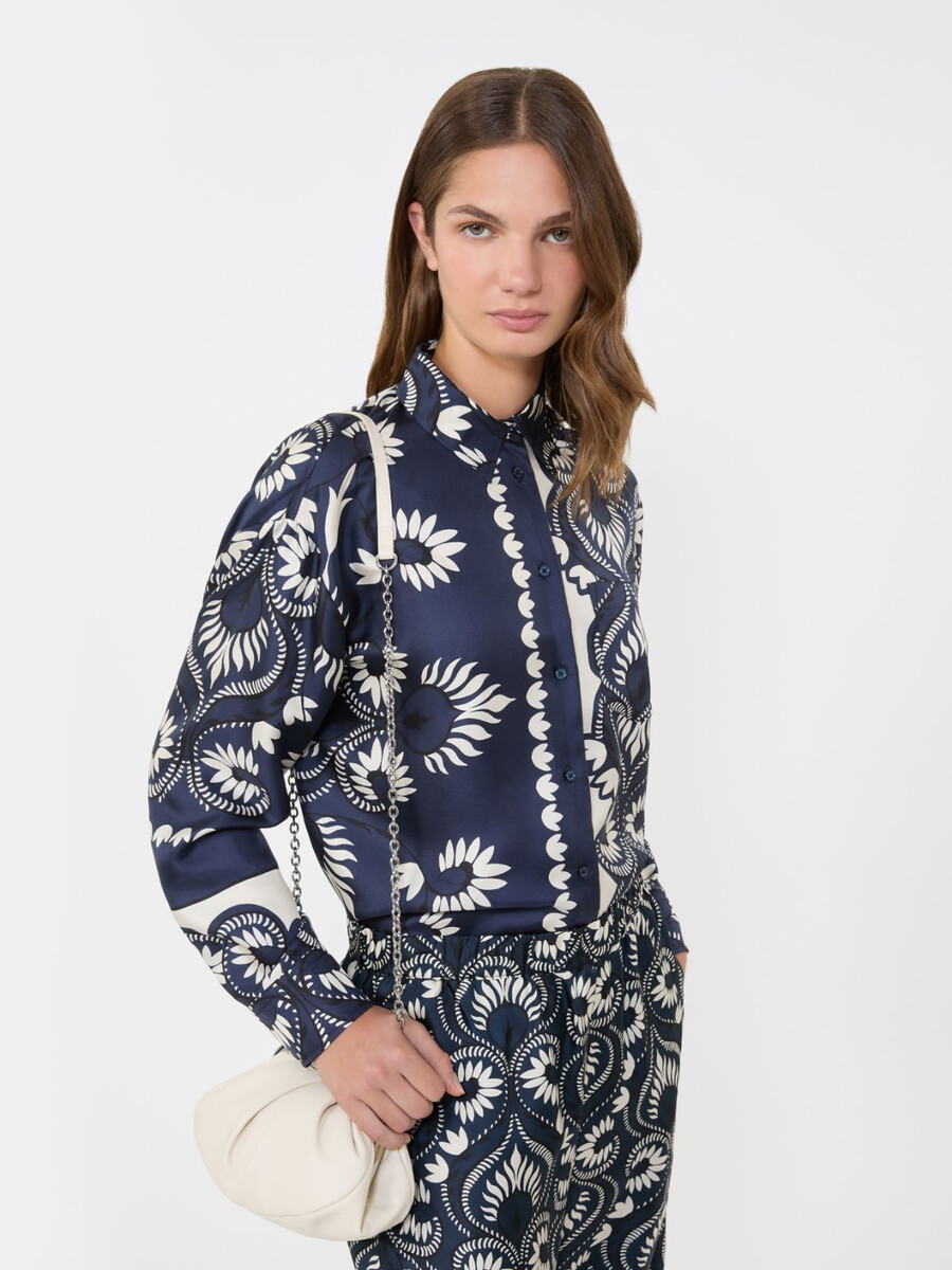 camisa de patchwork de seda estampada - azul marino