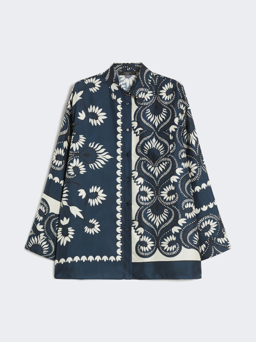 camisa de patchwork de seda estampada - azul marino