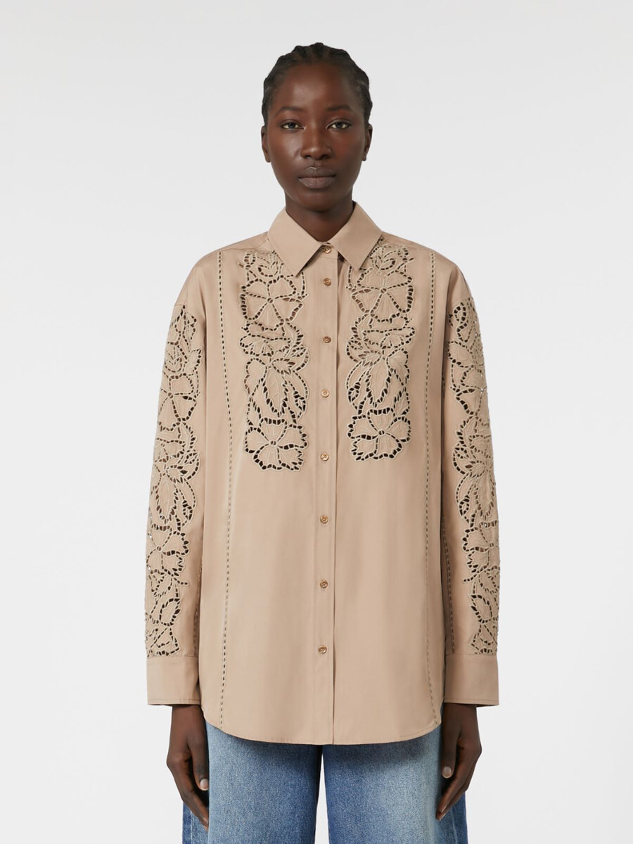 camisa de popelina bordada de corte relajado - marrÓn claro