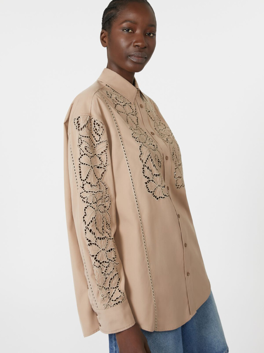 camisa de popelina bordada de corte relajado - marrÓn claro