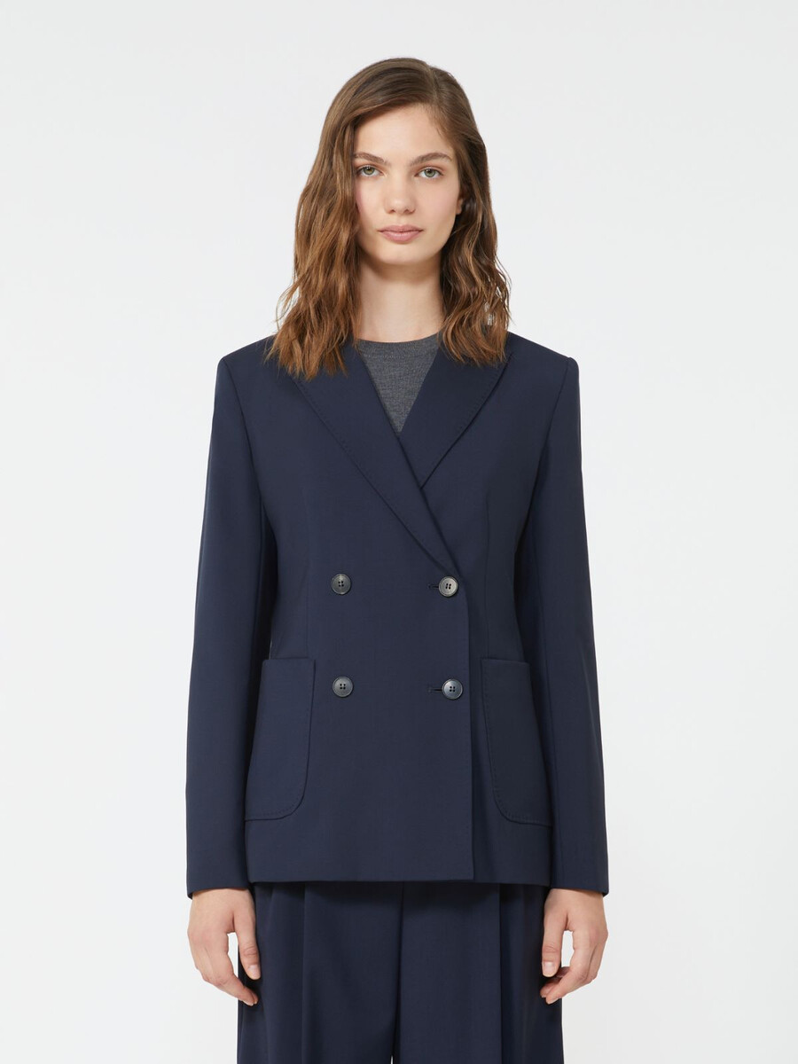 blazer cruzado de lona de lana - azul marino