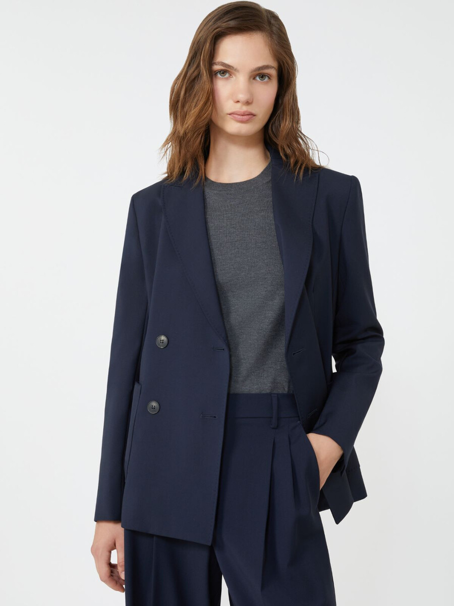 blazer cruzado de lona de lana - azul marino