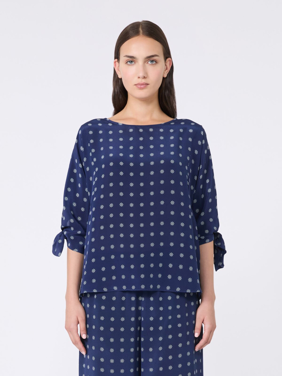 blusa de cuello redondo de crepé de china - azul marino
