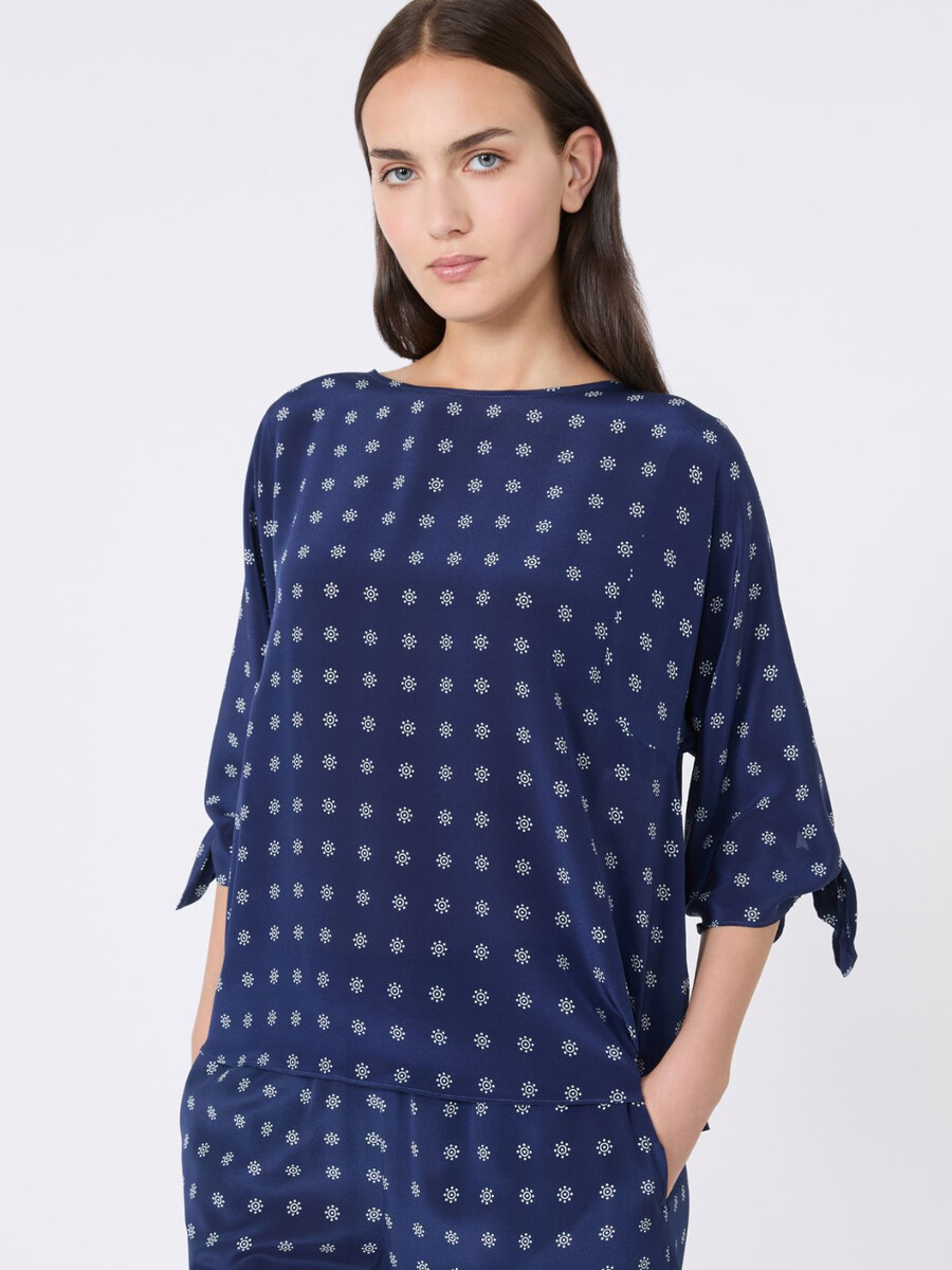 blusa de cuello redondo de crepé de china - azul marino